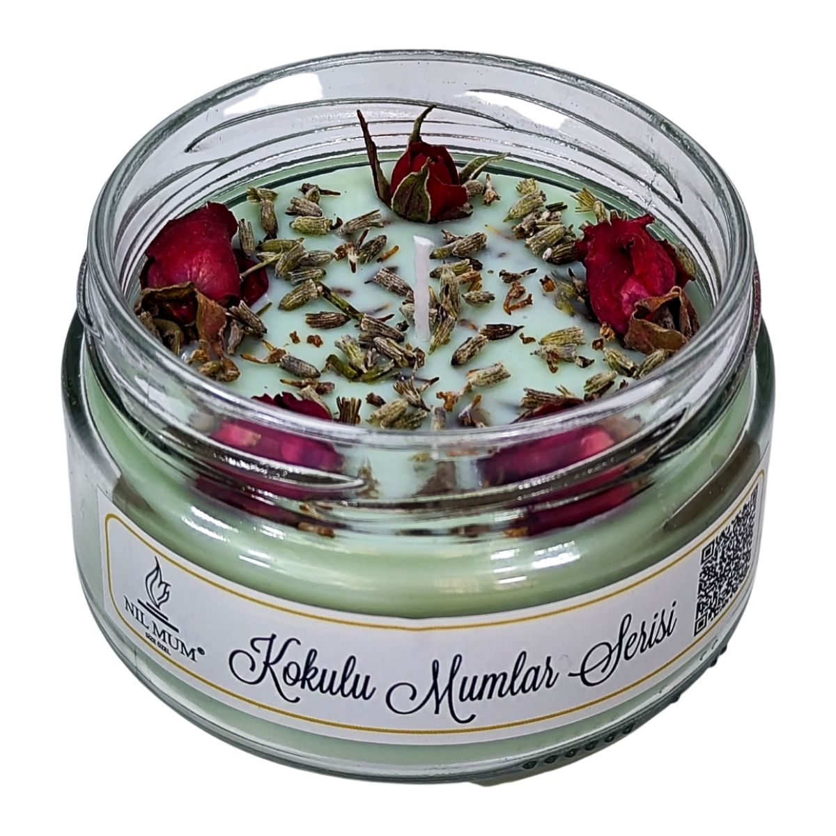 Yeşil Elma Kokulu Gül ve Lavanta Dekorlu Soya Mum 300 gr.