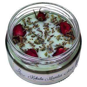 Yeşil Elma Kokulu Gül ve Lavanta Dekorlu Soya Mum 300 gr.